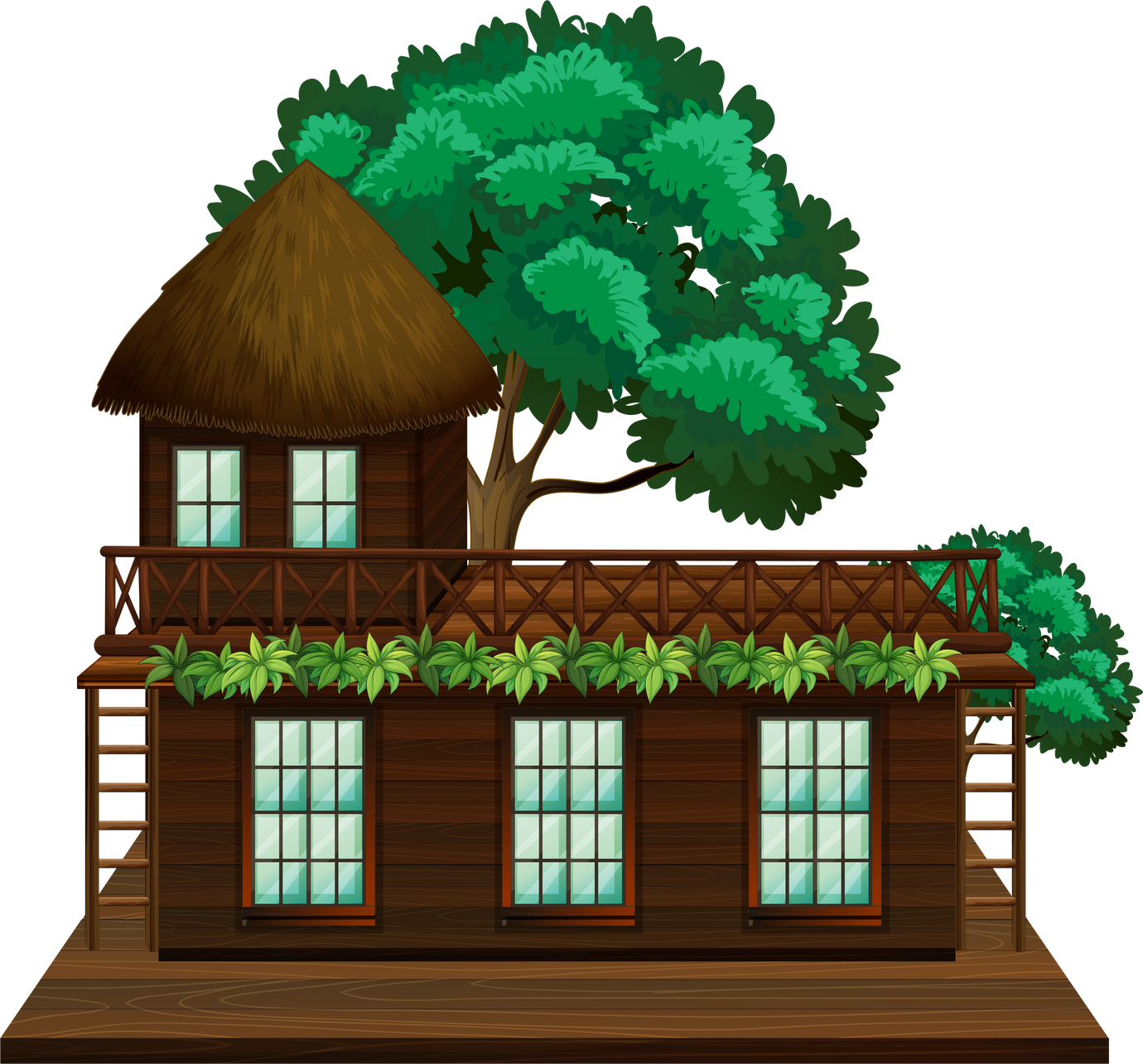 Wooden cabin with green tree